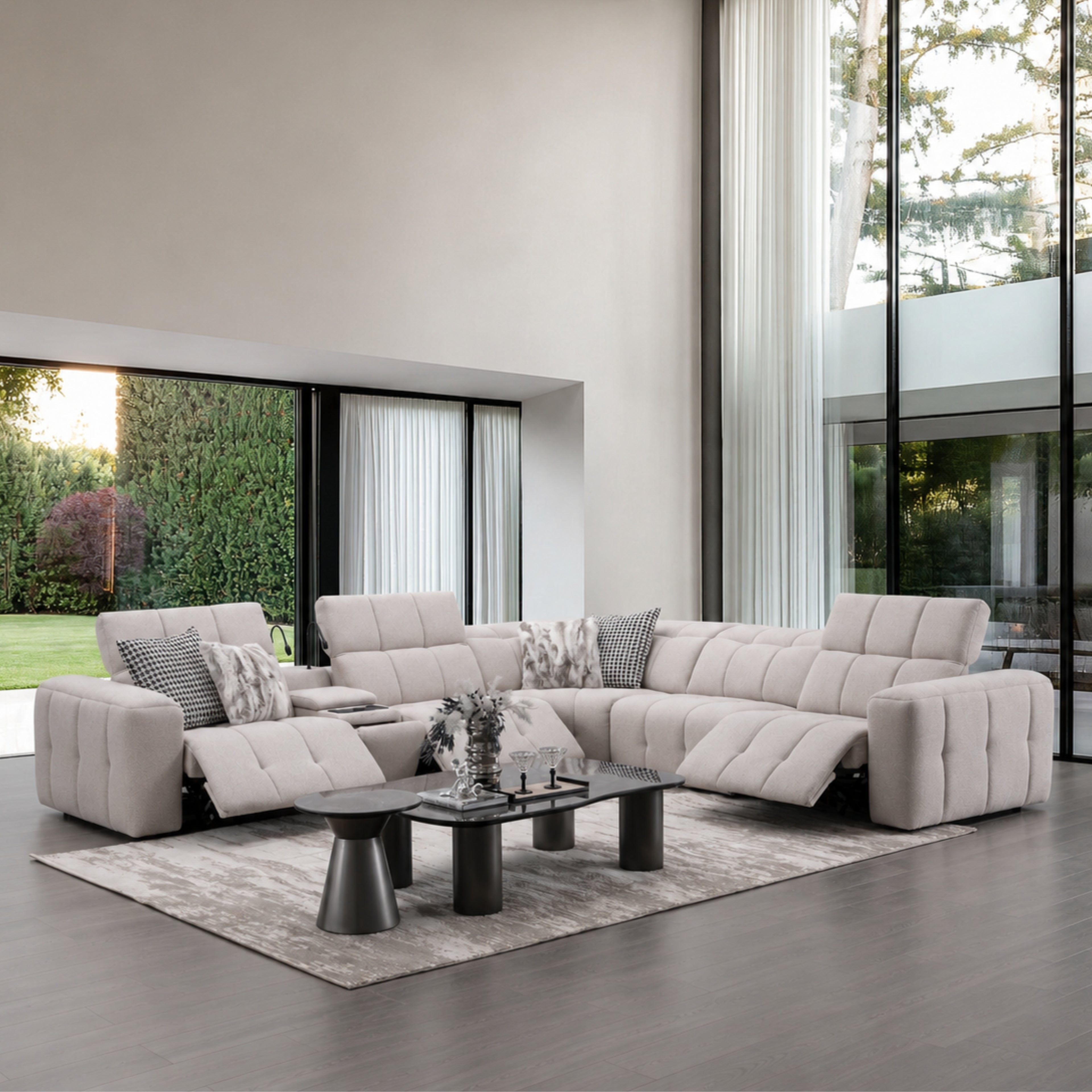 Corner sofa with 2x double motor electric recliner and console table