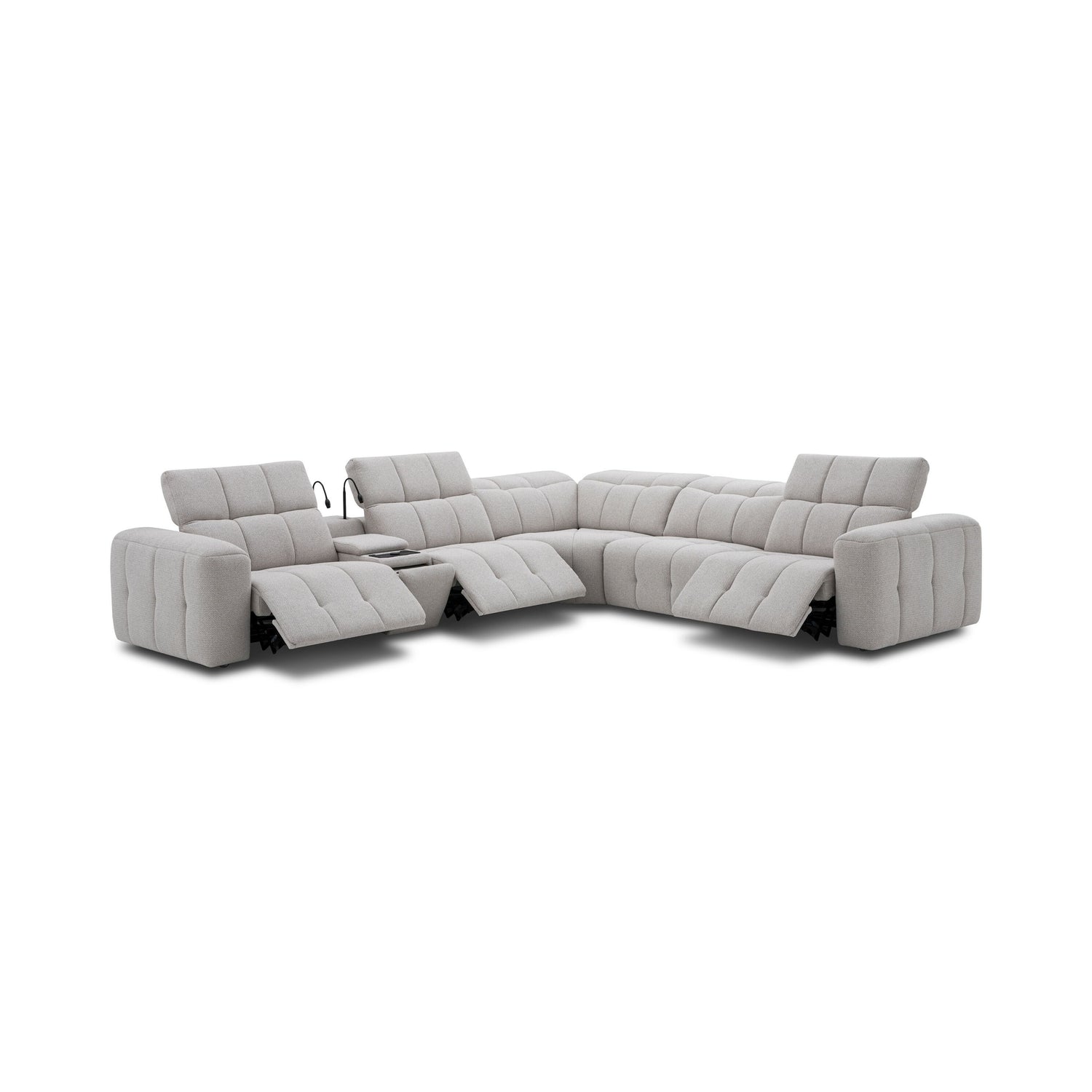 Corner sofa with 2x double motor electric recliner and console table